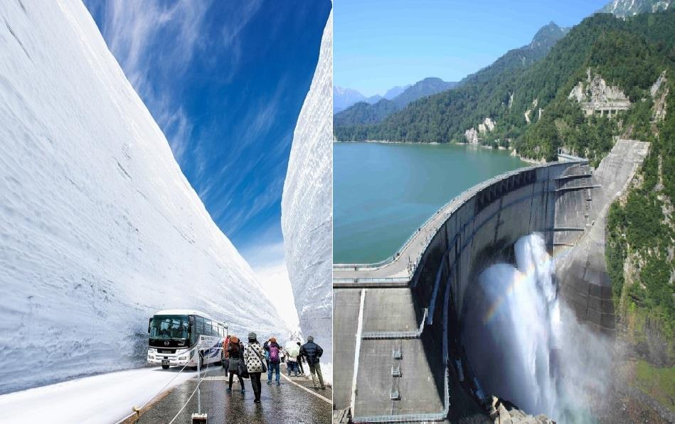 左：4月15日〜6月25日（予定）の雪の大谷／右：6月26日〜10月15日（予定）の黒部ダム観光放水（イメージ）