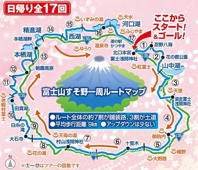 全長約153キロの富士山のすそ野を、無理なく参加しやすい回数に分けて、一周する歩き旅です。